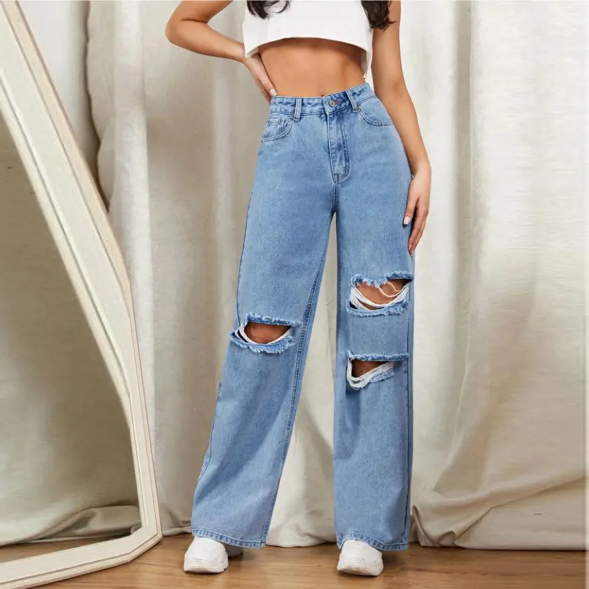 Wholesale premium quality fashion clothing women denim pants custom zipper fly ripped detail wide leg loose jeans