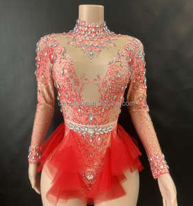 Robe de danse sexy et brillante avec strass, combinaison en tulle rose élastique amincissante, <span class=keywords><strong>costume</strong></span> de scène - Product Image 5