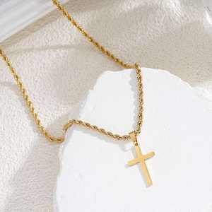 <b>Men's</b> Stainless Steel Golden Plated Cross <b>Pendant</b>, Fashionable Simple Rope <b>Chain</b> Necklace for <b>Men</b> Gift - Product Image 2