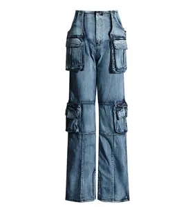 Pantaloni Vintage in Denim Cargo primavera abiti 2024 moda pantaloni Streetwear con tasche 3D pantaloni Jeans Sexy Denim da donna