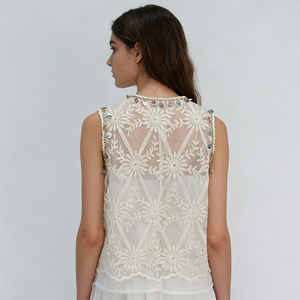 Canotta Trasparente da <span class=keywords><strong>Donna</strong></span> con Ricami, Motivo Floreale Bianco, Bordi con Perline, Scollo a V, Canotta Essenziale Leggera in Rete Personalizzabile - Product Image 3