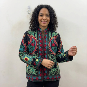 Rajasthani Textile Samarkand Garden Reversible <b>Quilted</b> Velvet Autumn <b>Winter</b> Elegant Floral Pattern Jacket Midnight Black - Product Image 1