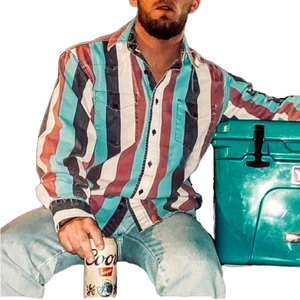 نمط تصميم طويل الأكمام مخطط عارضة واحدة الصدر قمم جيوب بدوره أسفل طوق قميص الرجال - Product Image 1