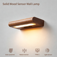 Lampe murale solaire minimaliste en bois massif naturel, rechargeable Type-C, double détection, pour couloir, chambre, placard