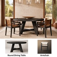 Ensemble de table à manger ronde pour 6 personnes, table de cuisine en bois massif avec chaises et coussins, style rustique farmhouse, finition en bois naturel