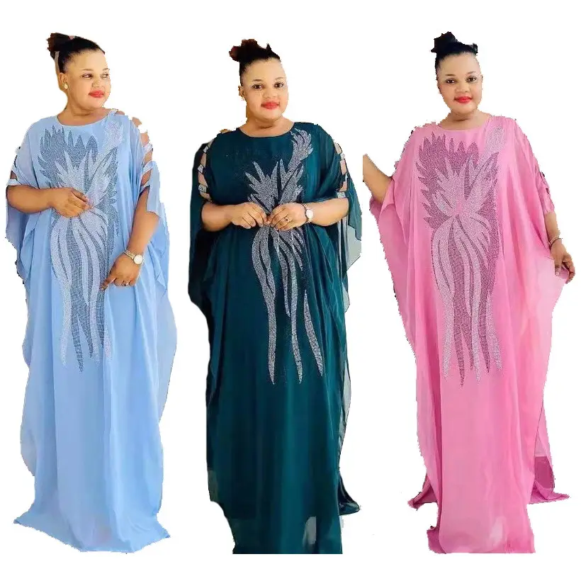 Foma FM-750 new fashion women African long robe two 2 piece set chiffon rhinestones dresses