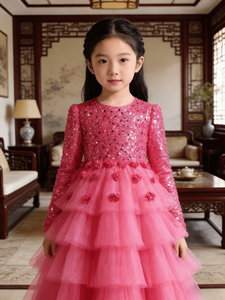 Abito <span class=keywords><strong>da</strong></span> festa rosa shocking a maniche lunghe per bambina, con corpetto di paillettes e tutù floreale 3D, ideale per compleanni e concorsi di bellezza - Product Image 5