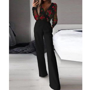 Mono de Mujer Negro de Cintura Alta con Bordado Floral Transparente y Manga Larga para Uso Diario - Product Image 1