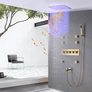 Juego de grifo de ducha termostático LED grande de lujo con 4 Funciones, sistema de ducha de baño musical dorado cepillado con cabezal de ducha de 16 pulgadas