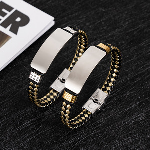 Fashion Woven Double-colored Leather Bracelet for Business Retro DIY <b>Engraved</b> Couple Gift Stainless Steel Bracelet for Wholesale - Product Image 1