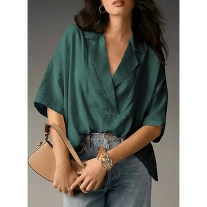 Blusa de Verano para Mujer, Nueva, de Manga Corta, con Solapa, Casual, Holgada, de Color Sólido, a la Moda - Product Image 3