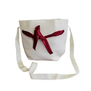 Custom Fashion Cross Body Cotton Shoulder Bag Canvas Tote Bag Messenger Canvas Pouch Red Ribbon Bag