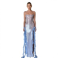 Nouvelle robe longue d'été pour femme, sexy, sans col, à sequins, avec volants et fleurs 3D, à bretelles