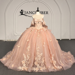 Robe de Quinceañera de luxe Xybb01-Pz rose pêche, buste drapé, corset perlé, appliques florales 3D, robe de bal scintillante Jancember - Product Image 3
