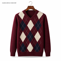 Hochwertiger Herren Argyle Pullover V-Ausschnitt Strickpullover Fein Gestrickt Langarm mit Geripptem Saum OEM ODM Fabrik Maßanfertigung