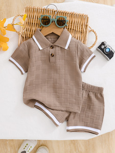 Vêtements pour garçons en bas âge en gros, chemises à boutons + ensembles de shorts, ensembles tricotés 2 pièces pour garçons avec poches, vêtements pour enfants - Product Image 1