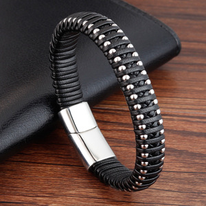 Leren armband, handgeweven armband met ketting, echt leer gevlochten heren vintage roestvrij staal L19145 - Product Image 1