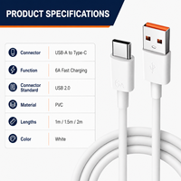 Câble de charge rapide USB A vers USB C 6A, type C, PVC, fournisseur en gros