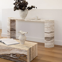 Table de console en marbre pour hall d'entrée, design accrocheur avec plinthe à extrémités courbes, en dalle entière d'onyx bannières, pour la décoration de hall d'hôtel, collection Dream Home