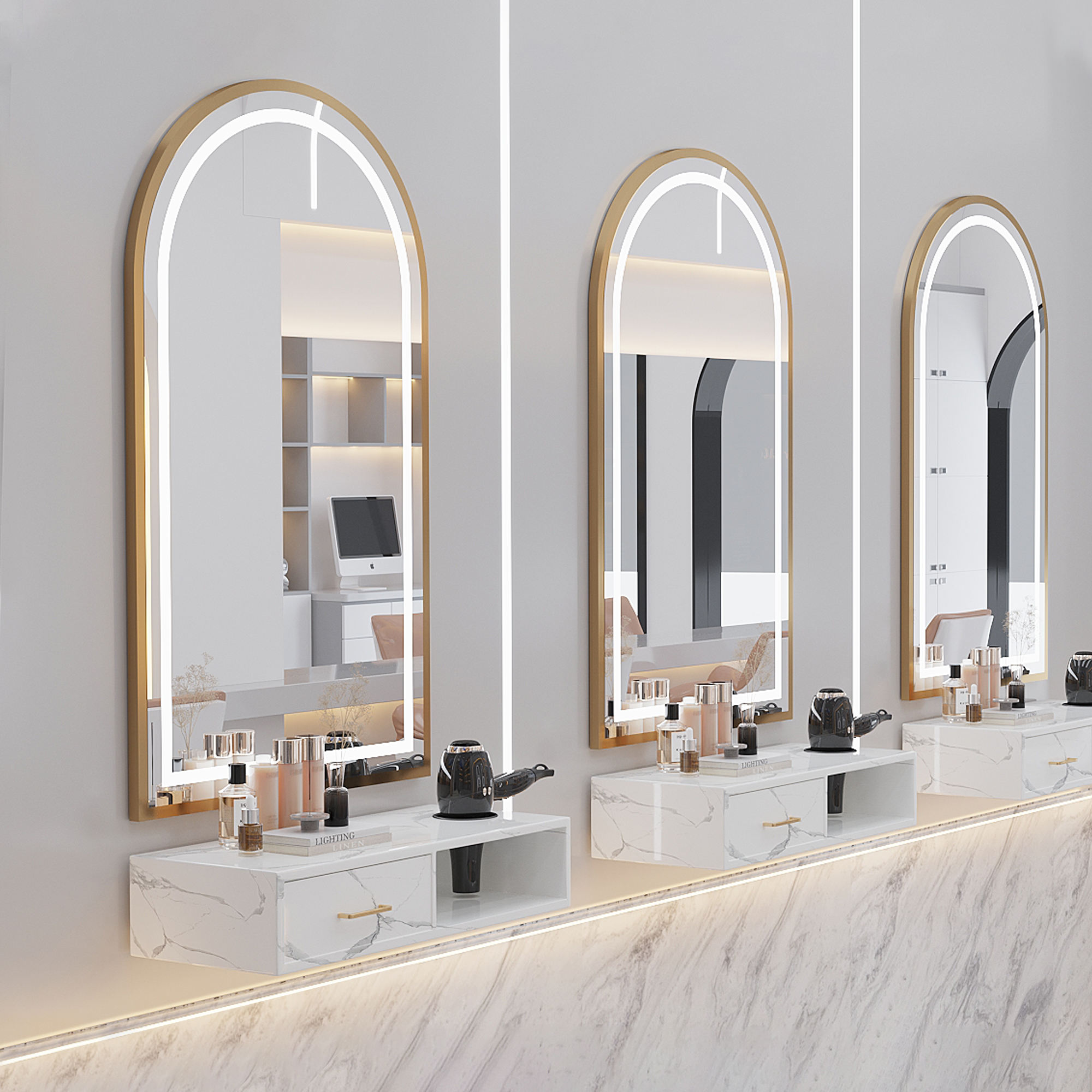 Gold-framed door shape + white wall cabinet