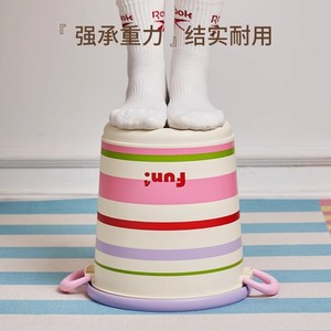 Fun4 Striped Trash Can Cylindrical <b>Double</b>-Handled Indoor Waste <b>Bin</b> Colorful Design - Product Image 4