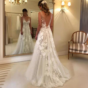 Wedding Dress A-Line Deep V-neck Embroidered Lace Ivory White Floral Print Train Dress - Product Image 2