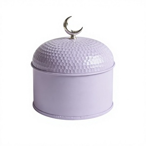 Lavender Enamel Printed Metal Dates Box Round Dome <b>Lid</b> Crescent Moon Top <b>Decorative</b> Khajur Storage Jar Eid Gift Box - Product Image 1