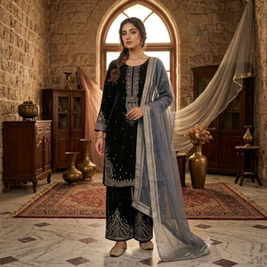 Conjunto de terciopelo con bordado de diseño, top con pantalón palazzo y dupatta, completamente cosido y listo para usar. - Product Image 1