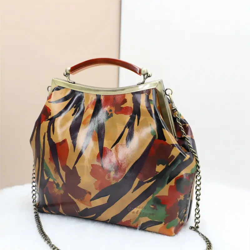 Designer cowhide flower printing handbags Metal Chain purse frame Top handle tote bag