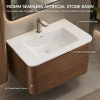 Meuble-lavabo de salle de bain en noyer courbé sur mesure OEM 900 mm avec vasque en Solid Surface et armoire latérale haute – Fourniture pour le marché de l'ameublement sanitaire
