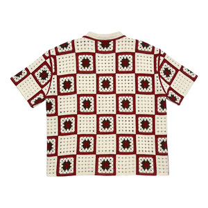 Chemise en tricot crocheté bohème pour <span class=keywords><strong>homme</strong></span>, manches courtes, col montant, style gothique, respirante, imprimée, boutons en corne, tenue de villégiature, patchwork rouge - Product Image 4