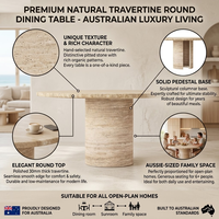 Table de salle à manger ronde en travertin naturel, table en pierre sur piétement, style côtier australien, luxe, robuste, faible entretien, Australie