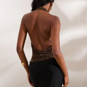 Chaleco sin mangas de color liso con cuello en V profundo - Top sexy transparente con cuello halter para mujer a la moda - Product Image 1