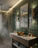 Carrelage en grès lumineux moderne, artisanal et cuit au four sur mesure |   Glaçure émeraude profonde mouchetée à texture aléatoire et irrégulière