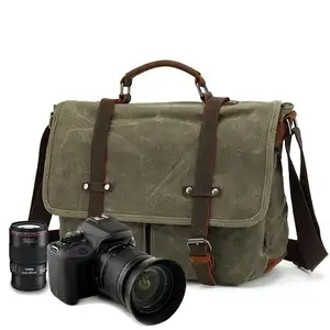 Vintage Waterdichte Canvas Dslr Camera Case Lederen Tas 14 Inch Laptop Tas Lederen