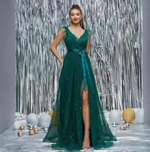 Nuevo Vestido de Noche Europeo Americano con Lentejuelas, Cuello en V, Malla, Largo hasta el Suelo, Ajustado, con Abertura, Ideal para Fiestas de Cumpleaños - Product Image 5