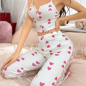 Conjunto de Pijama de Malla con Bloques de Color y Estampado para el Hogar 2024, con Abertura Frontal y Tirantes 7001 - Product Image 3