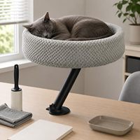 Lit pour chat à fixation sur bras de bureau avec structure métallique, perchoir rond texturé en textile monté sur bureau, hamac surélevé pour chat pour la maison