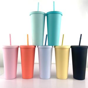24oz doble pared de plástico mate a granel flaco vasos de acrílico de color pastel con tapas y pajitas - Product Image 1