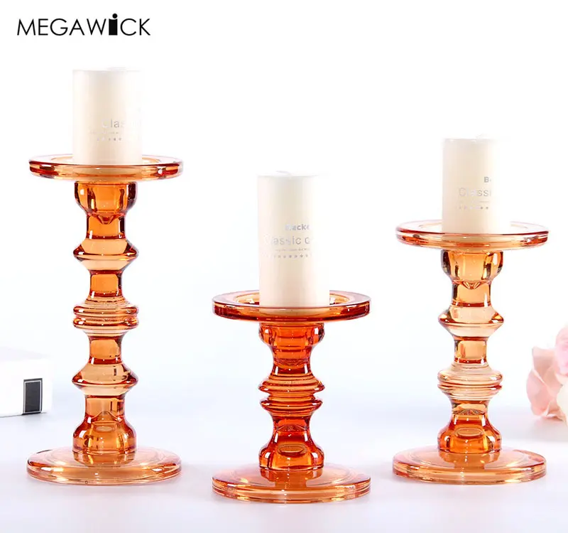 Высокое качество оранжевый стеблях свеча подставка, с украшением в виде кристаллов стеклянный подсвечник