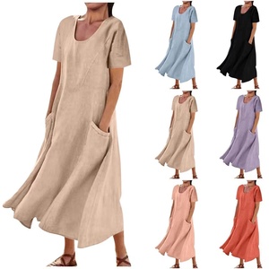 Vestido Casual Largo de Algodón y Lino de Color Liso con Manga Corta <span class=keywords><strong>para</strong></span> Mujer JAC22 M4274 - Product Image 1