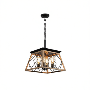 <b>Oak</b> Industrial 4-<b>Light</b> Pendant Chandelier 16 Inch Metal Cage Design Adjustable Hanging <b>Light</b> for Dining Room No Bulbs - Product Image 1