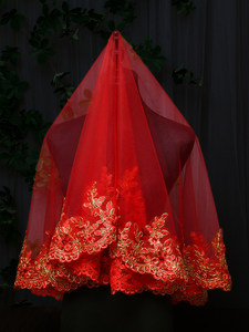 Hiyab Rojo para Novia, Velo Translúcido con Apliques para Boda, Vestido Xiuhe, Pañuelo para la Cabeza para Boda China, Ceremonia, Hecho en China - Product Image 4