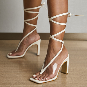 <b>Spring</b> and Summer 2025 New White Plastic Decorative Strap High Heeled Sandals Transparent Thick Heel Fashion Versatile Net Red - Product Image 1
