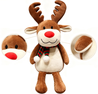 Peluche Renne Rudolph au Nez Rouge Adorable, Jouet en Peluche Élan de Noël Doux avec Écharpe à Pompons, Décoration de Noël pour la Maison et Cadeau de Vacances pour Enfants