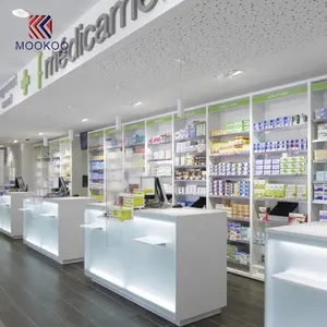 Hot Sale Farmacia Jasa Desain Interior Toko Obat Rak Checkout Counter dengan Lampu LED