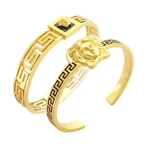 Women accessories jewelry gold plated pattern black enamel hollow cuff and bangle for women