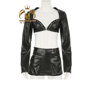 Trendy Cool Girl Wear Mulheres Jaqueta de Couro Pu e Mini Saia Leopard Calças 2 Peça Set Sexy Slim Y2K Two Piece Set Mulheres - Product Image 4