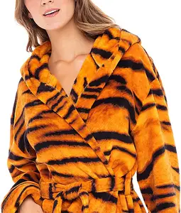 Luxury plus size ladies winter sleepwear 330gsm flannel plush fleece zebra hooded bathrobe adult woman nightwear factory