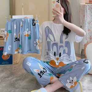 ชุดนอนผู้หญิง 3 ชิ้น ชุดฤดูร้อน ผ้าบาง นุ่มสบาย ลายการ์ตูน เสื้อยืด กางเกงขาสั้น กางเกงขายาว ชุดลำลองใส่บ้าน ชุดนอน - Product Image 5